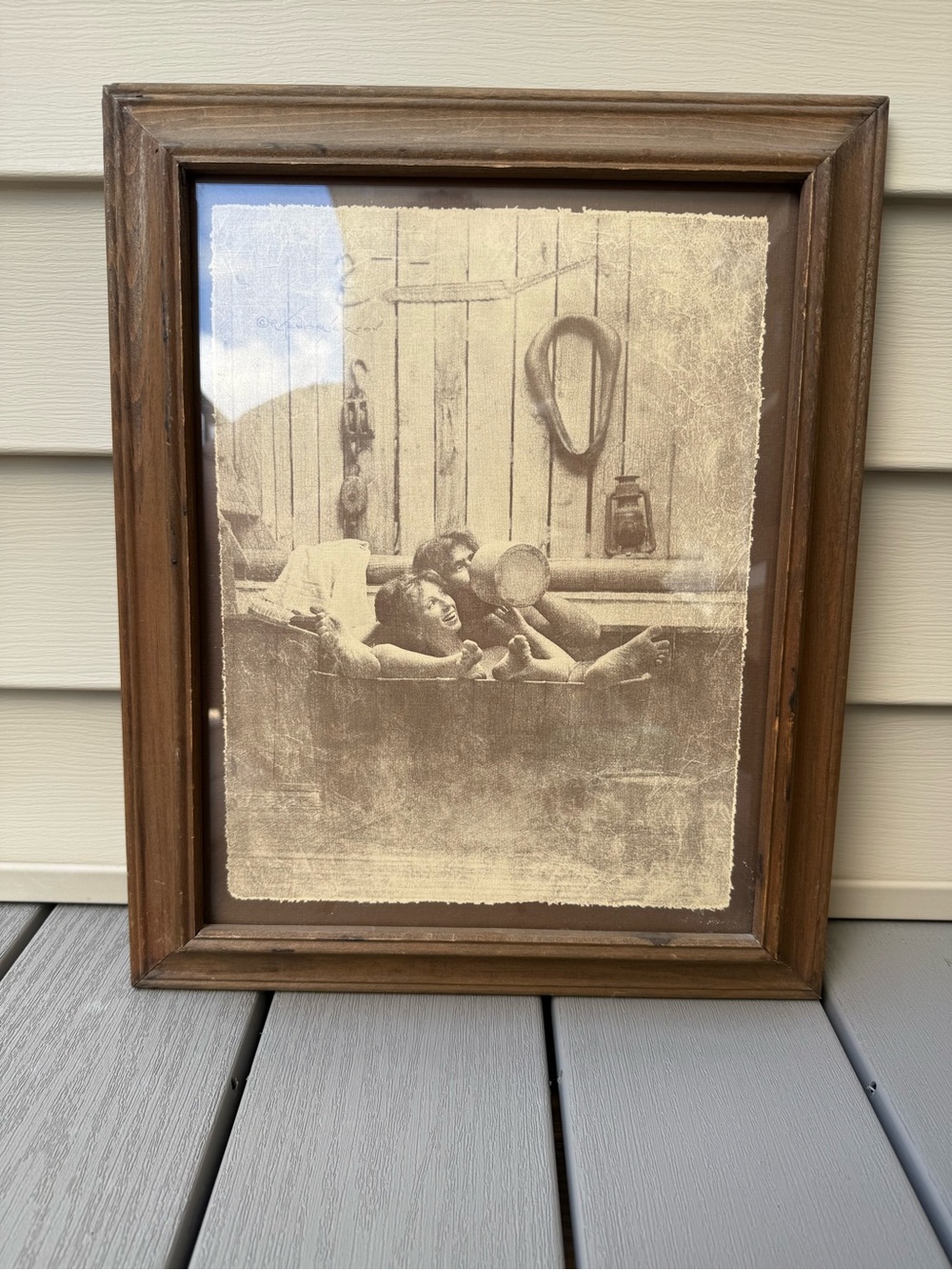 Vintage R. Hendrickson Sepia Cowboy Couple Wash Tub Print Framed Western Art